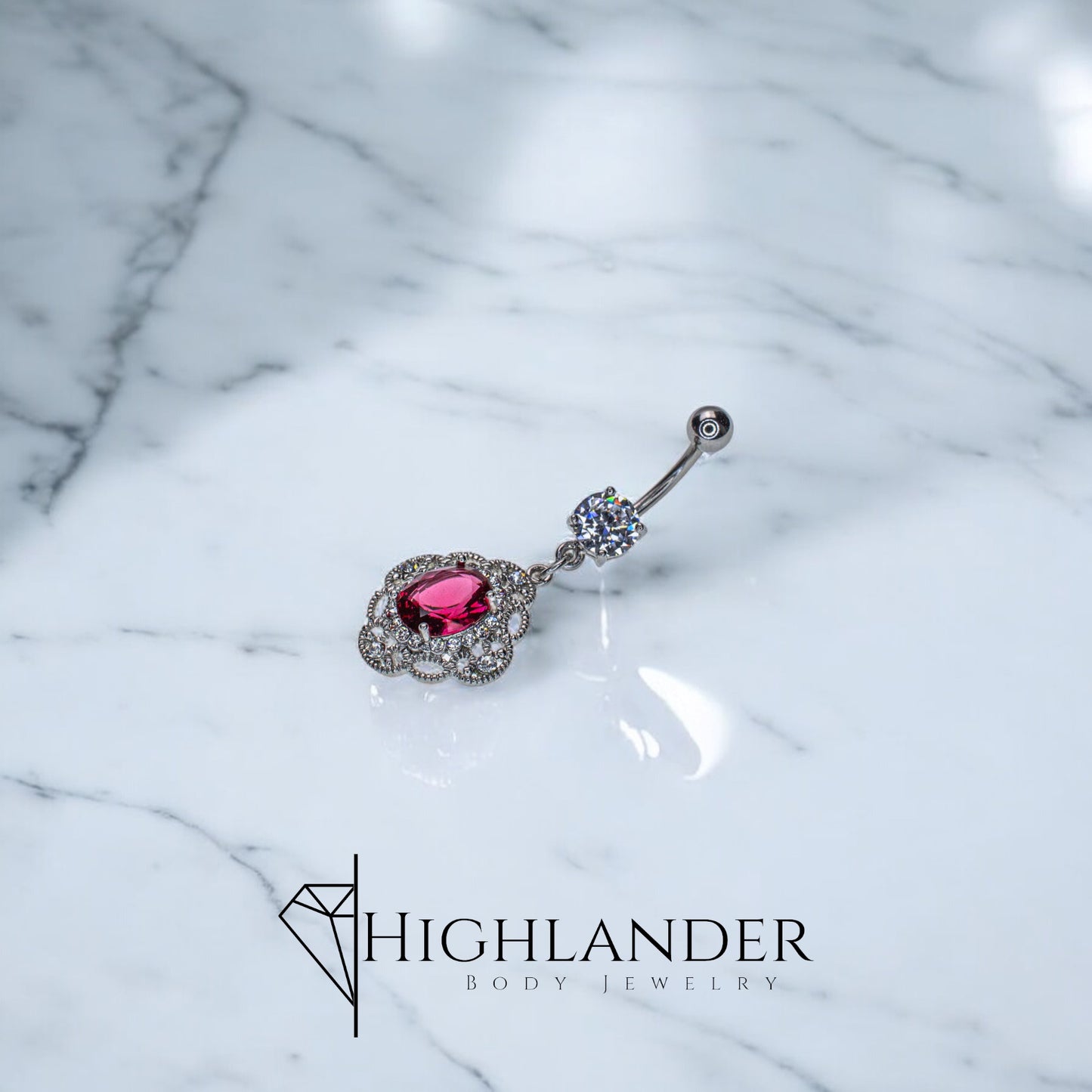 Dark Pink Oval CZ with Clear CZ Halo and Filigree Navel Piercing - Dangle