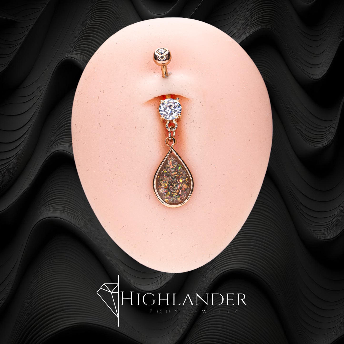 Rose Gold Dark Glitter Teardrop with Clear CZ Navel Piercing - Dangle