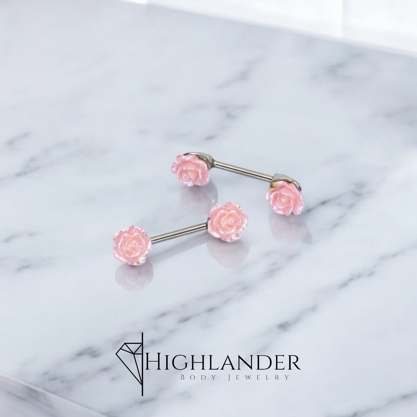 Pink Pearlized Metal Roses Nipple Barbells