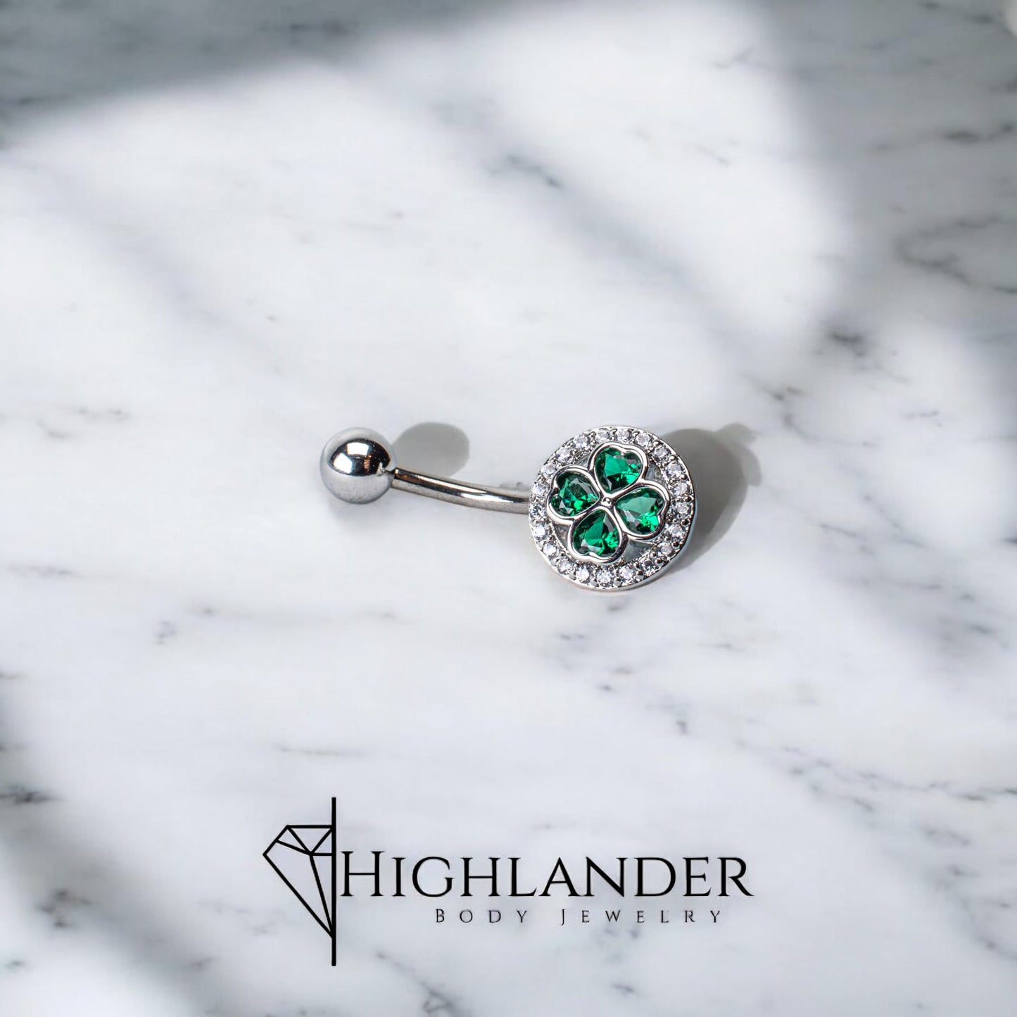 Emerald Green Heart Shamrock with Clear CZ Halo Navel Piercing - Non Dangle