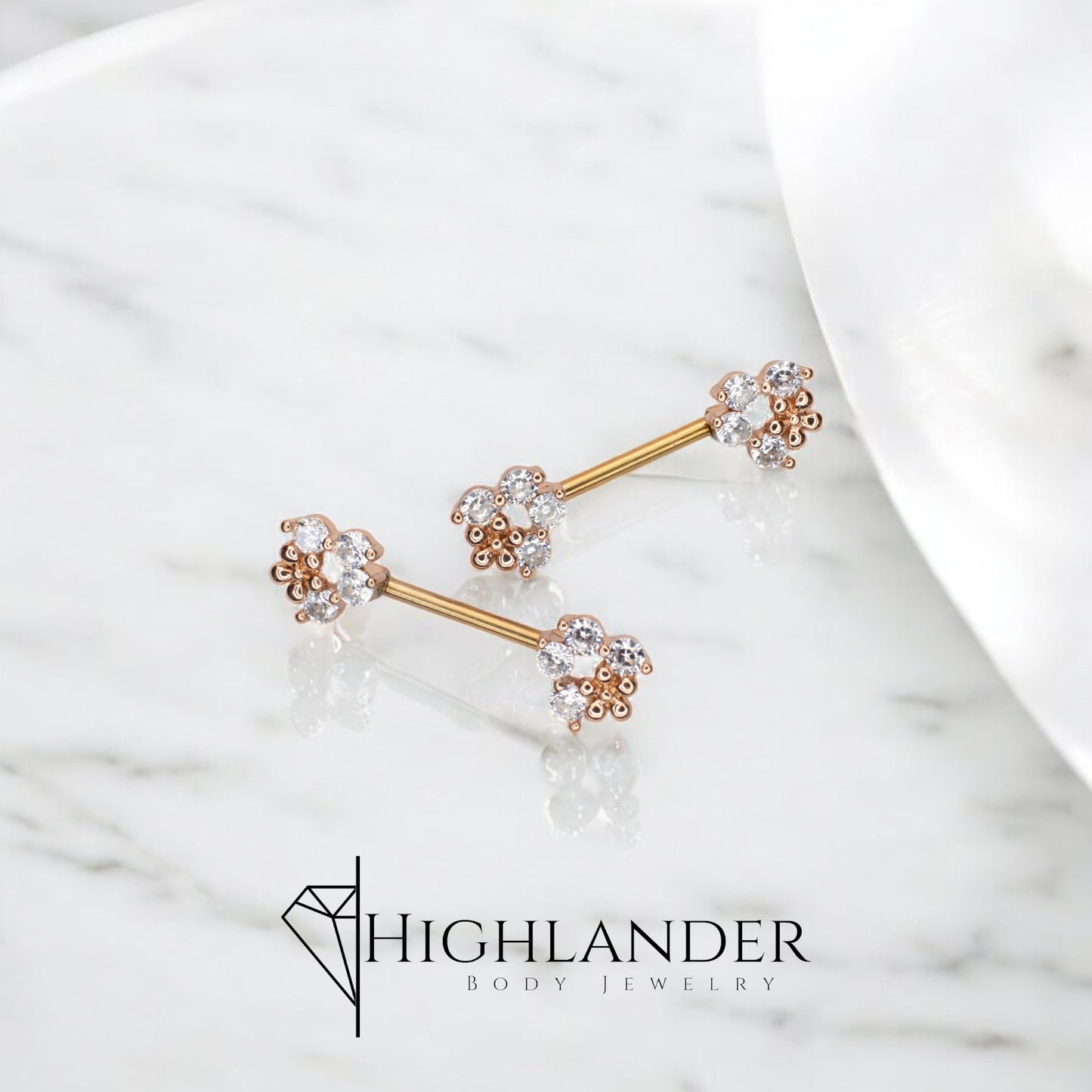 Rose Gold Clear CZ Circle with Flower Nipple Barbells