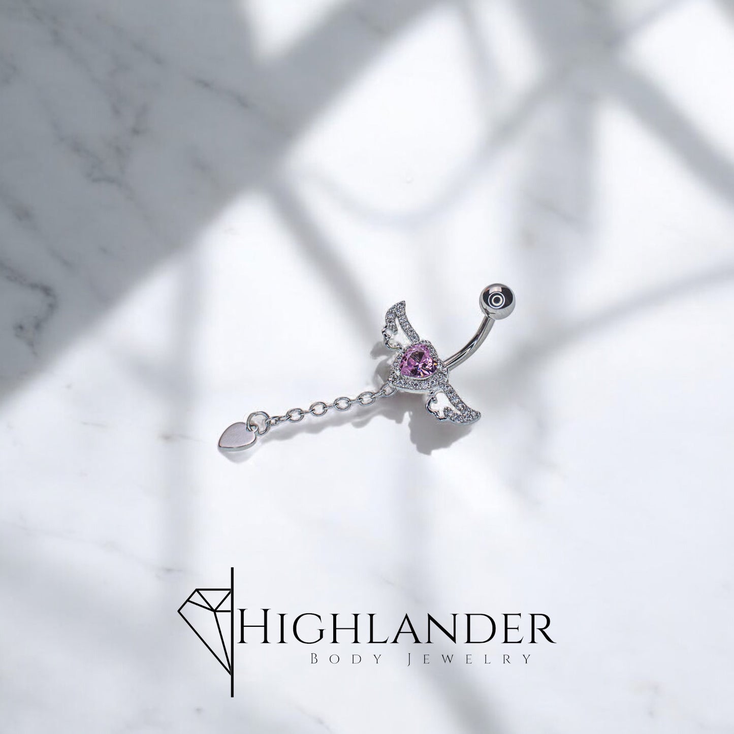 Pink CZ Heart with Clear CZ Halo and Clear CZ Accented Wings with Heart Navel Piercing - Dangle