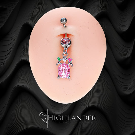 Pink CZ Turtle Navel Piercing - Dangle