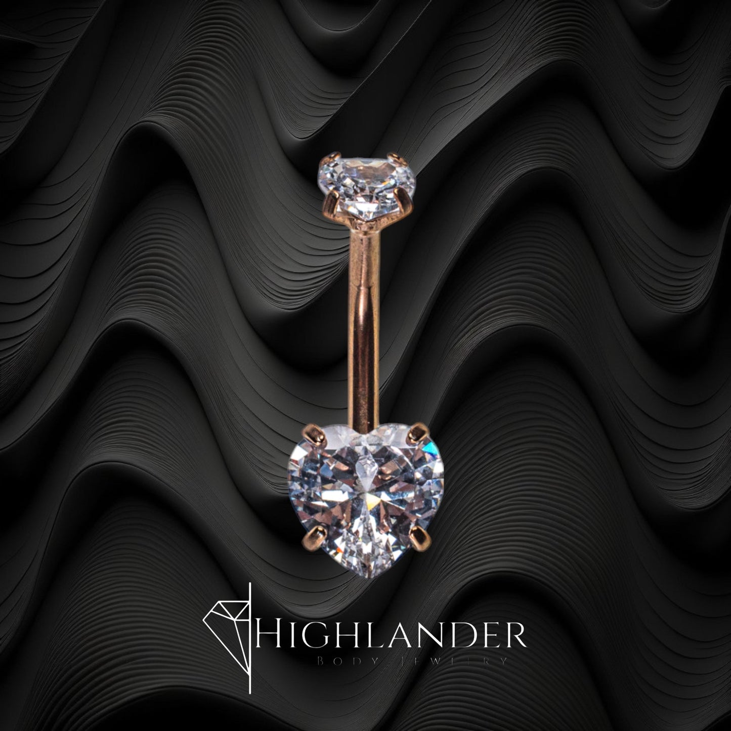 Rose Gold Double Clear CZ Heart Navel Piercing - Non Dangle