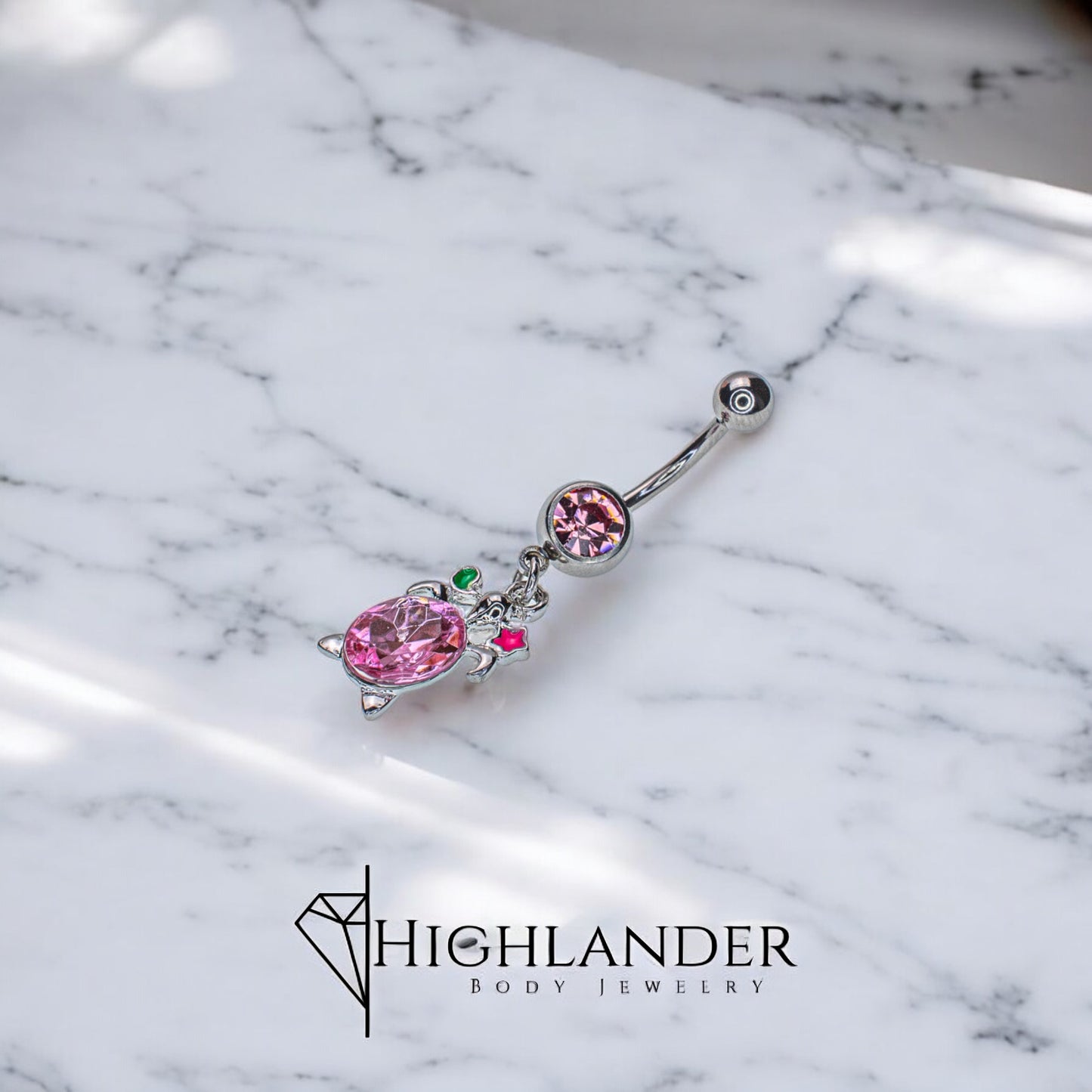 Pink CZ Turtle Navel Piercing - Dangle