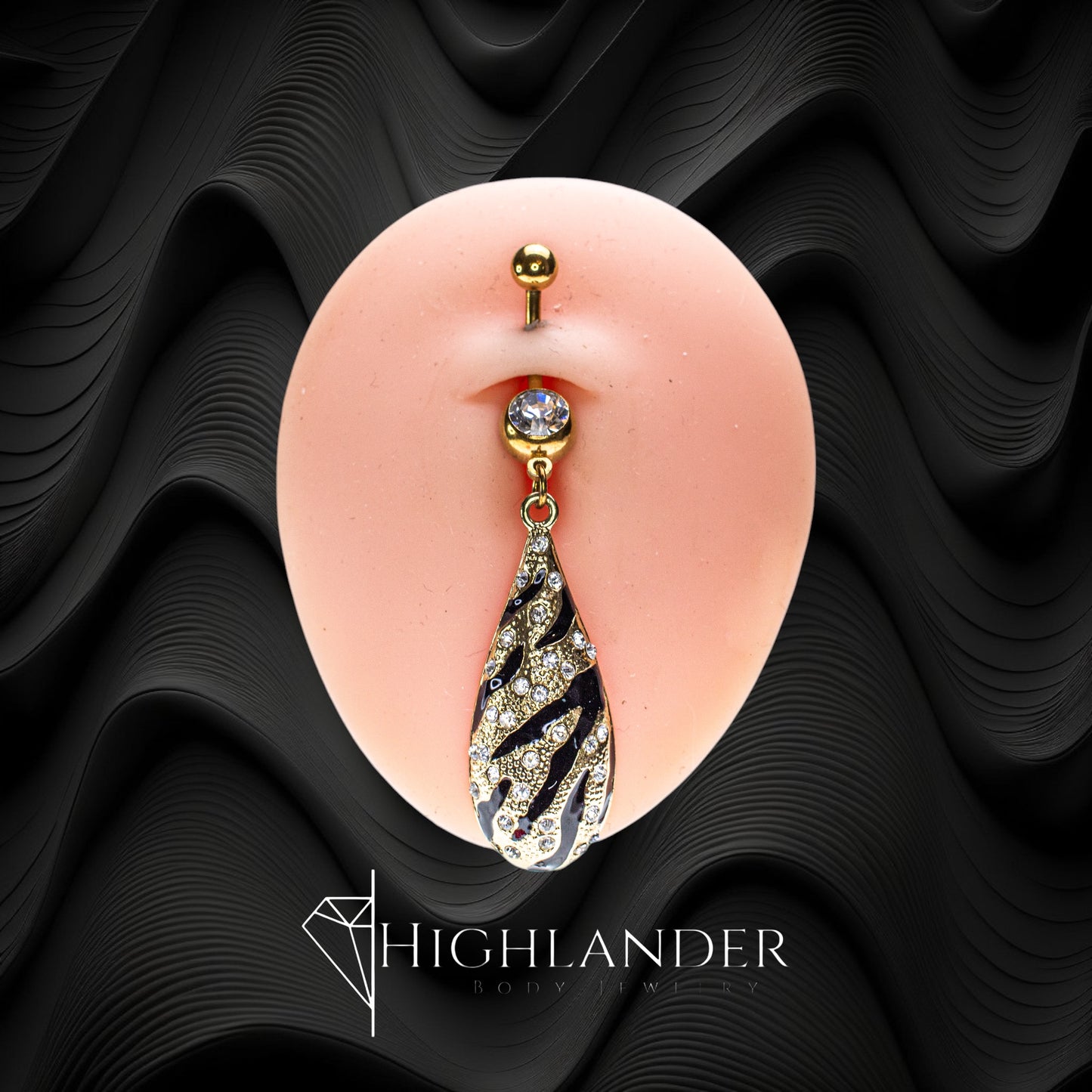 Gold with Black Zebra Stripe Teardrop with Clear CZ Navel Piercing - Dangle