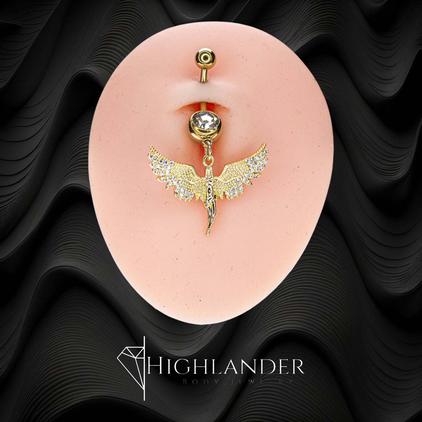 Gold Angel with Clear CZ Accented Wings Navel Piercing - Dangle