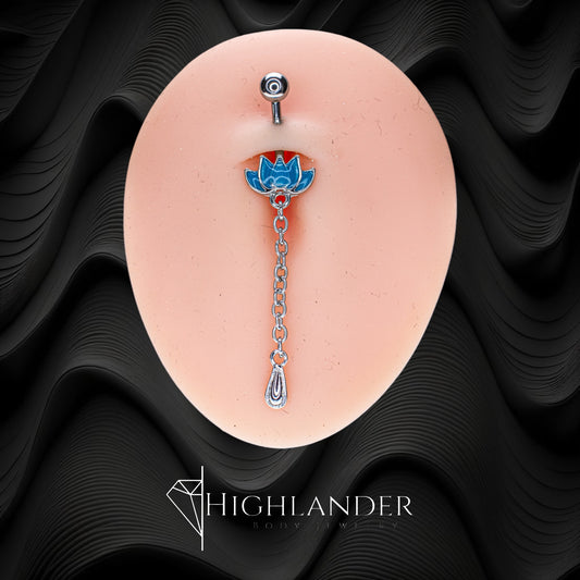 Blue Enamel Lotus with Chain Navel Piercing - Dangle