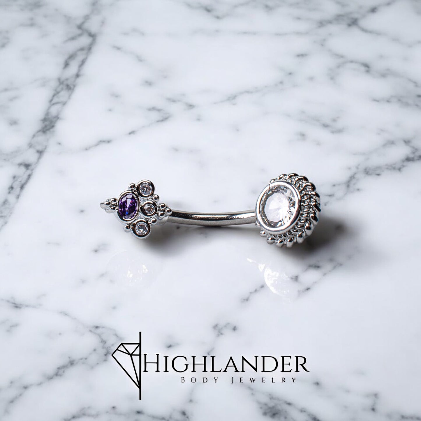 Clear CZ Round with Purple CZ Flourish Navel Piercing - Non Dangle