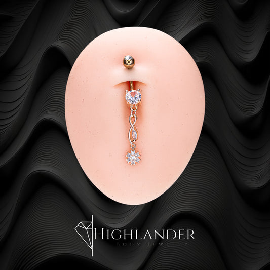 Rose Gold Twist with Clear CZ Flower and Marquis CZ Navel Piercing - Dangle