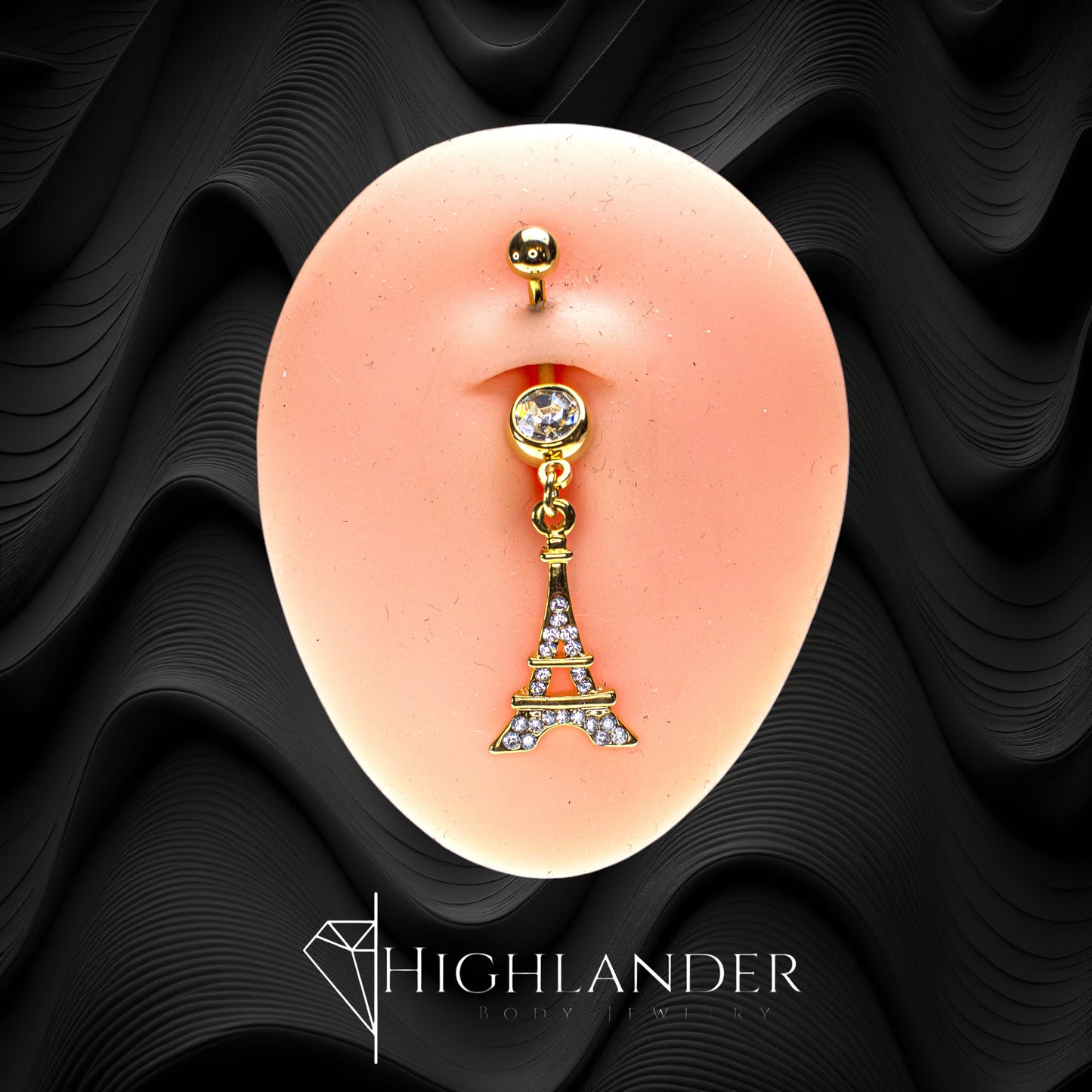 Gold Clear CZ Paved Eiffel Tower Navel Piercing - Dangle