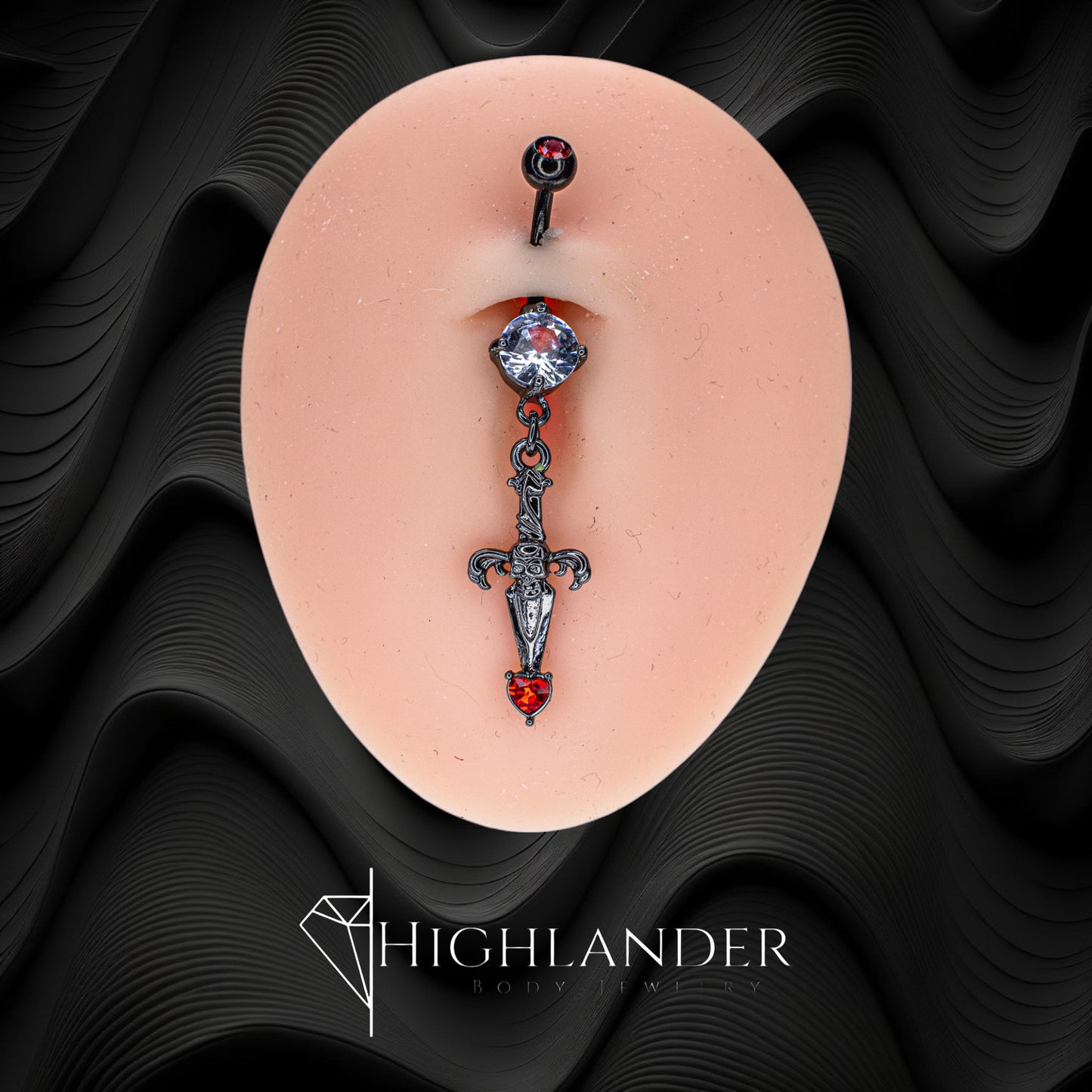 Black PVD Skull Dagger with Red CZ Heart Navel Piecing - Dangle