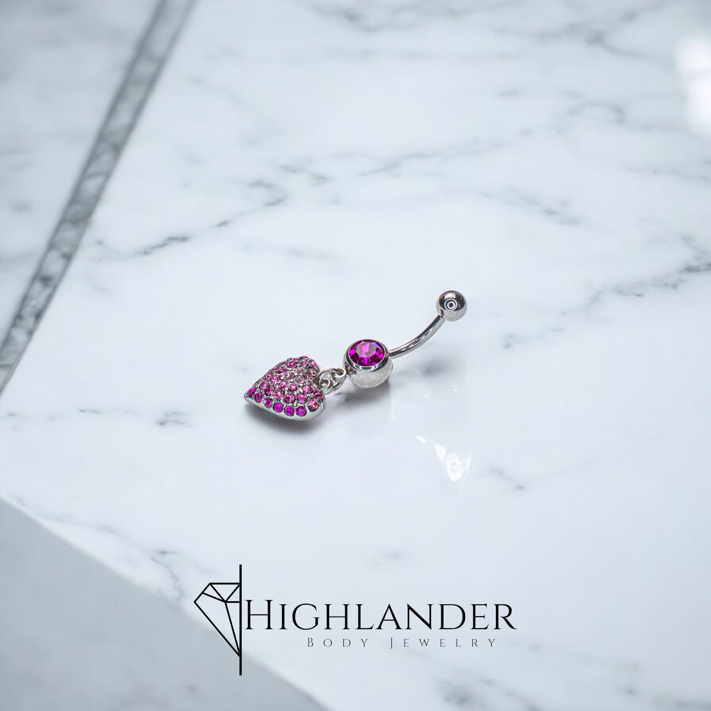 Pink CZ Ombre Paved Heart Navel Piercing - Dangle