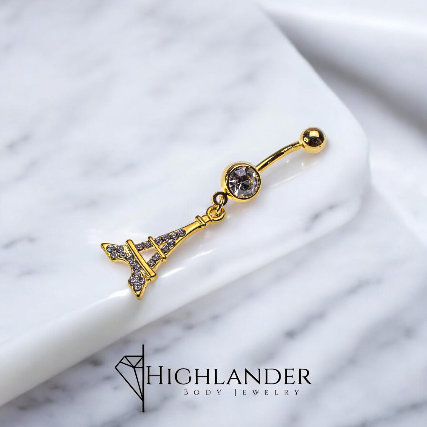 Gold Clear CZ Paved Eiffel Tower Navel Piercing - Dangle