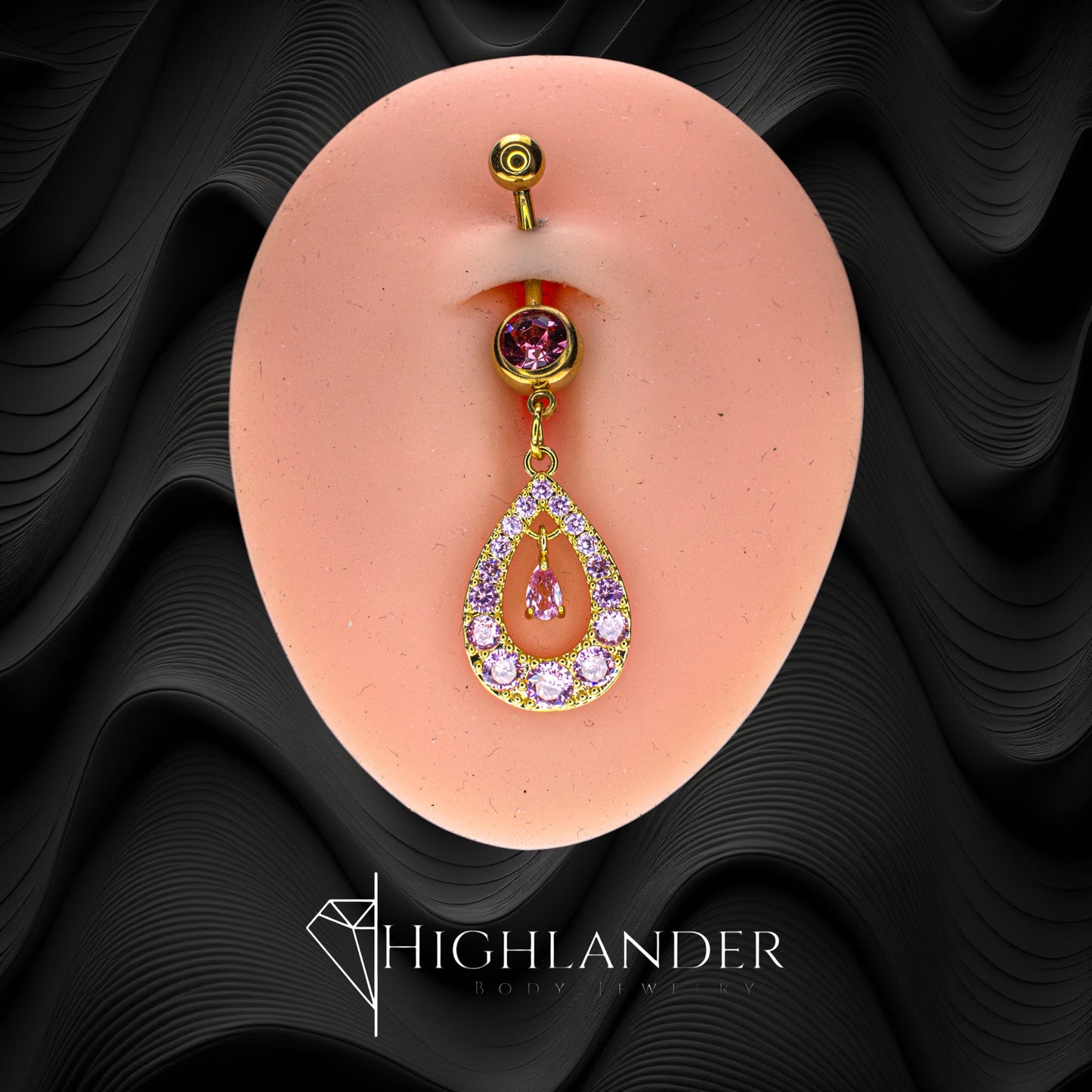 Gold Pink CZ Paved Teardrop Outline with Teardrop CZ Center Navel Piercing - Dangle