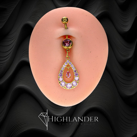 Gold Pink CZ Paved Teardrop Outline with Teardrop CZ Center Navel Piercing - Dangle