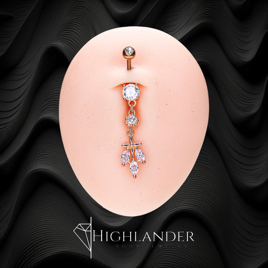 Rose Gold Three Marquis Cut Clear CZ Navel Piercing - Dangle