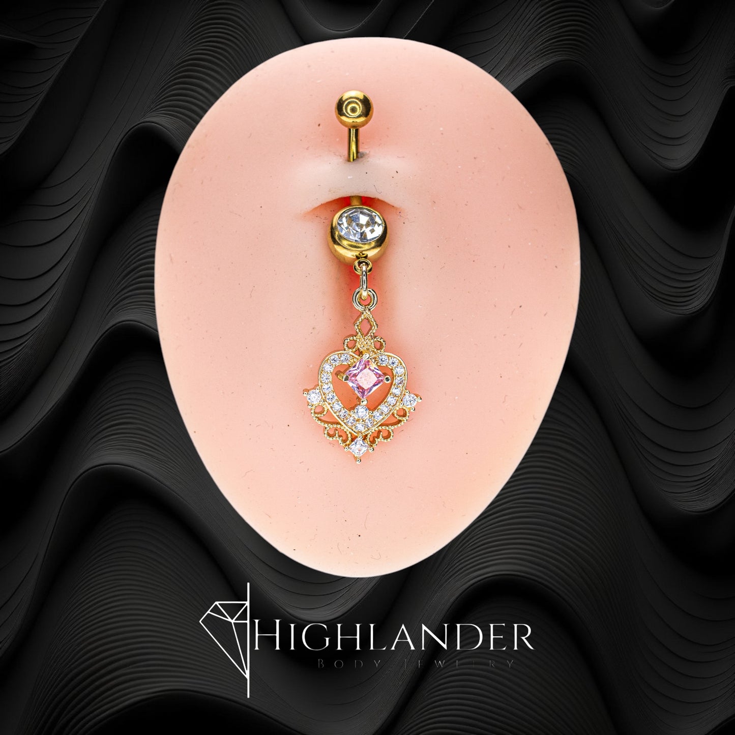 Gold Clear CZ Paved Filigree Heart with Pink CZ Center Navel Piercing - Dangle