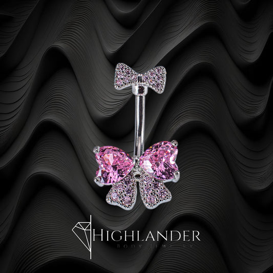 Pink CZ Double Heart Bow Navel Piercing - Non Dangle