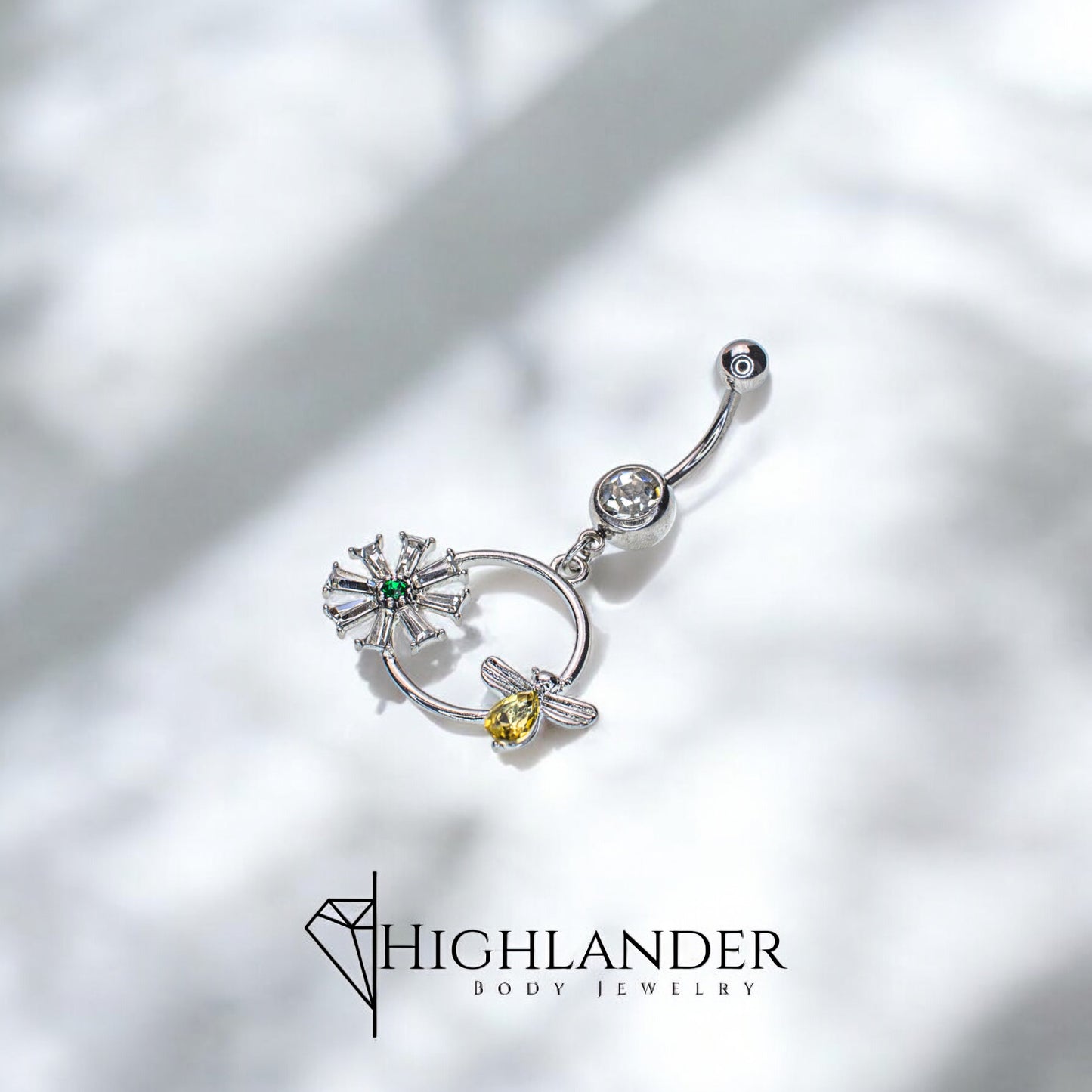 Yellow CZ Bodied Bee with Emerald CZ Centered Flower Hoop Navel Piercing - Dangle