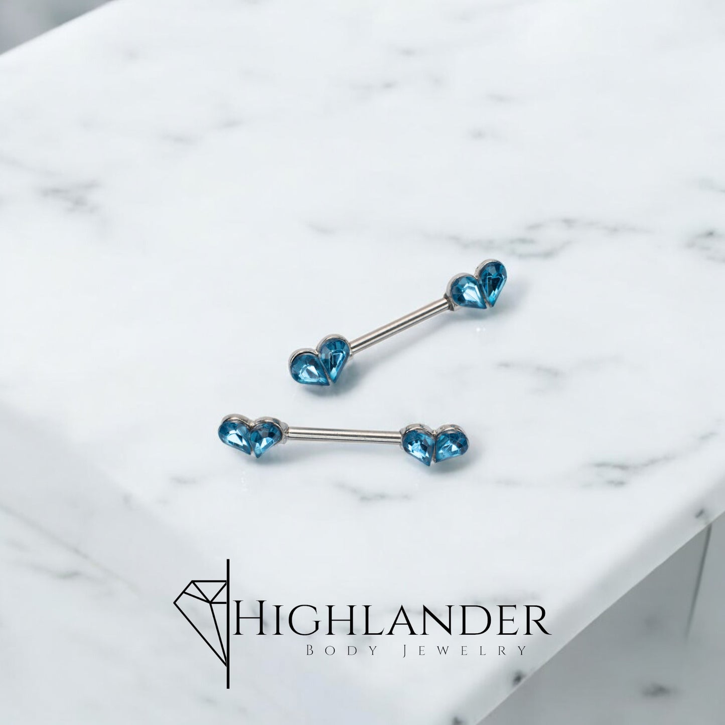 Aqua CZ Hearts Nipple Barbells