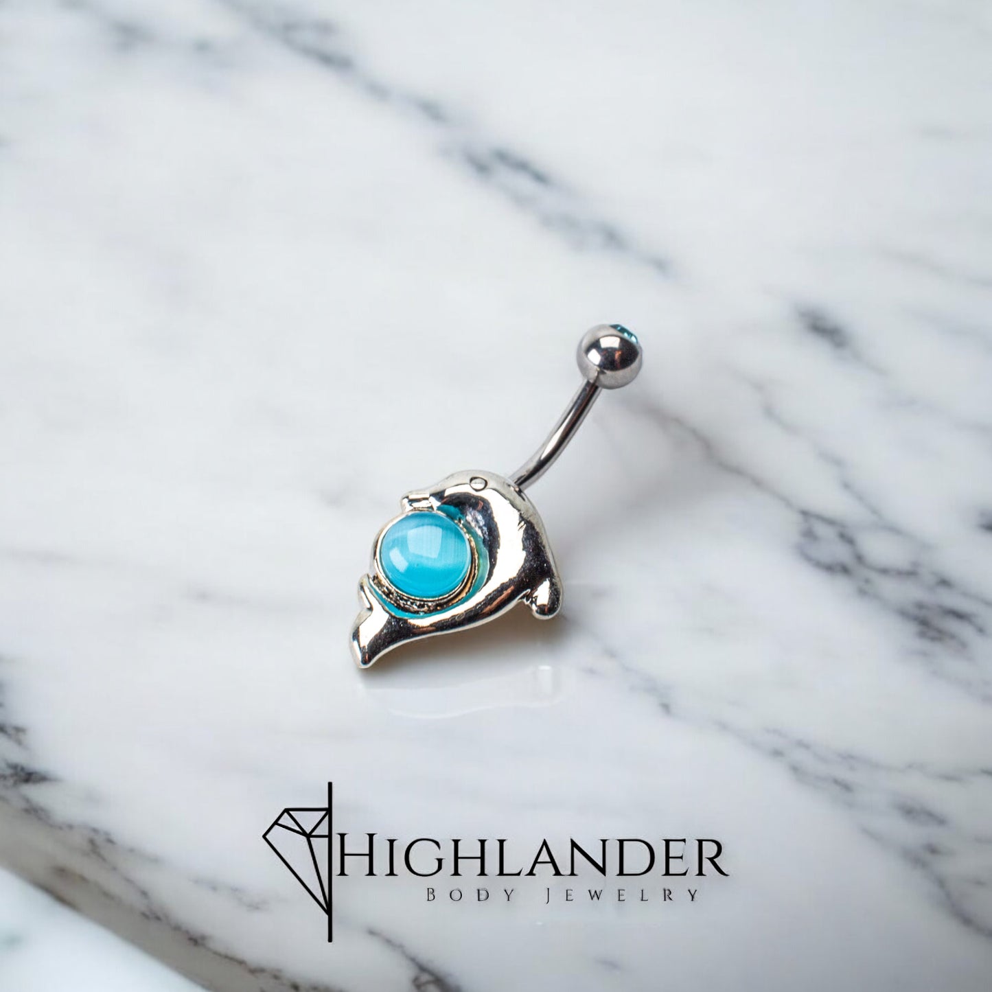 Dolphin with Round Aqua Stone Navel Piercing - Non Dangle