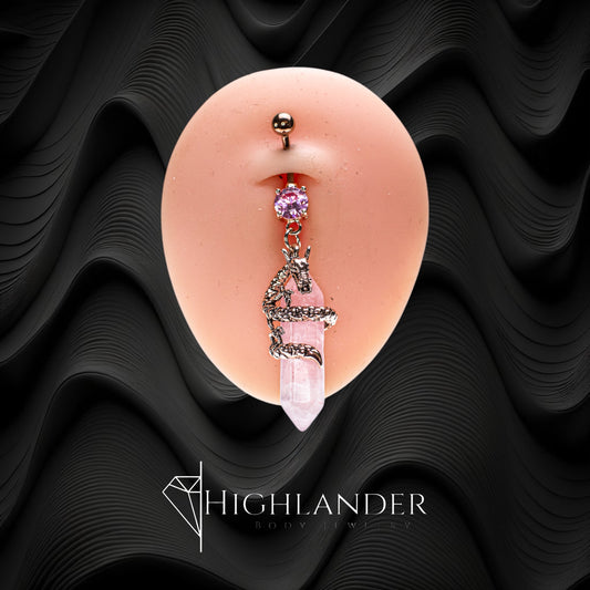 Rose Gold Dragon Wrapped Around Pink Agate Crystal Navel Piercing - Dangle