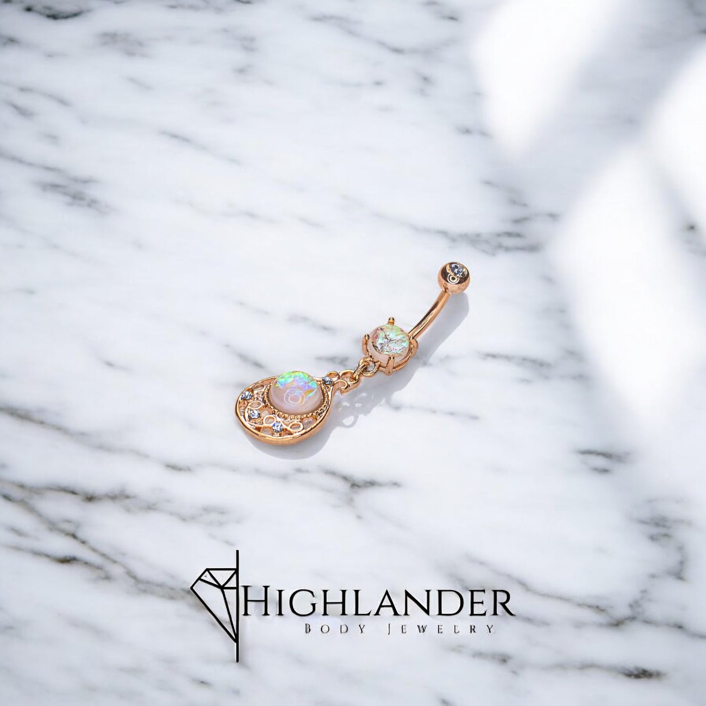 Rose Gold Teardrop with Clear CZ and White Opal Navel Piercing - Dangle