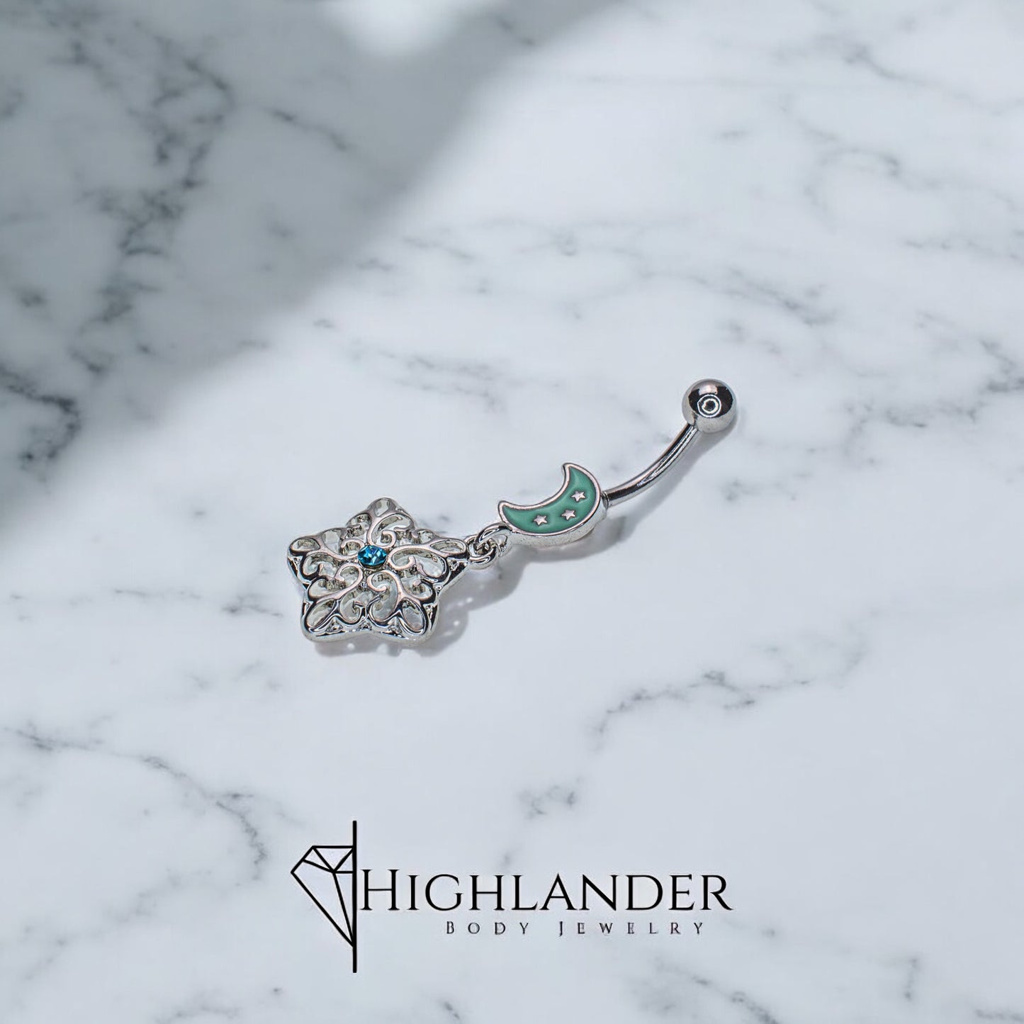 Clear Filigree Star with Aqua CZ and Enamel Crescent Moon Navel Piercing - Dangle