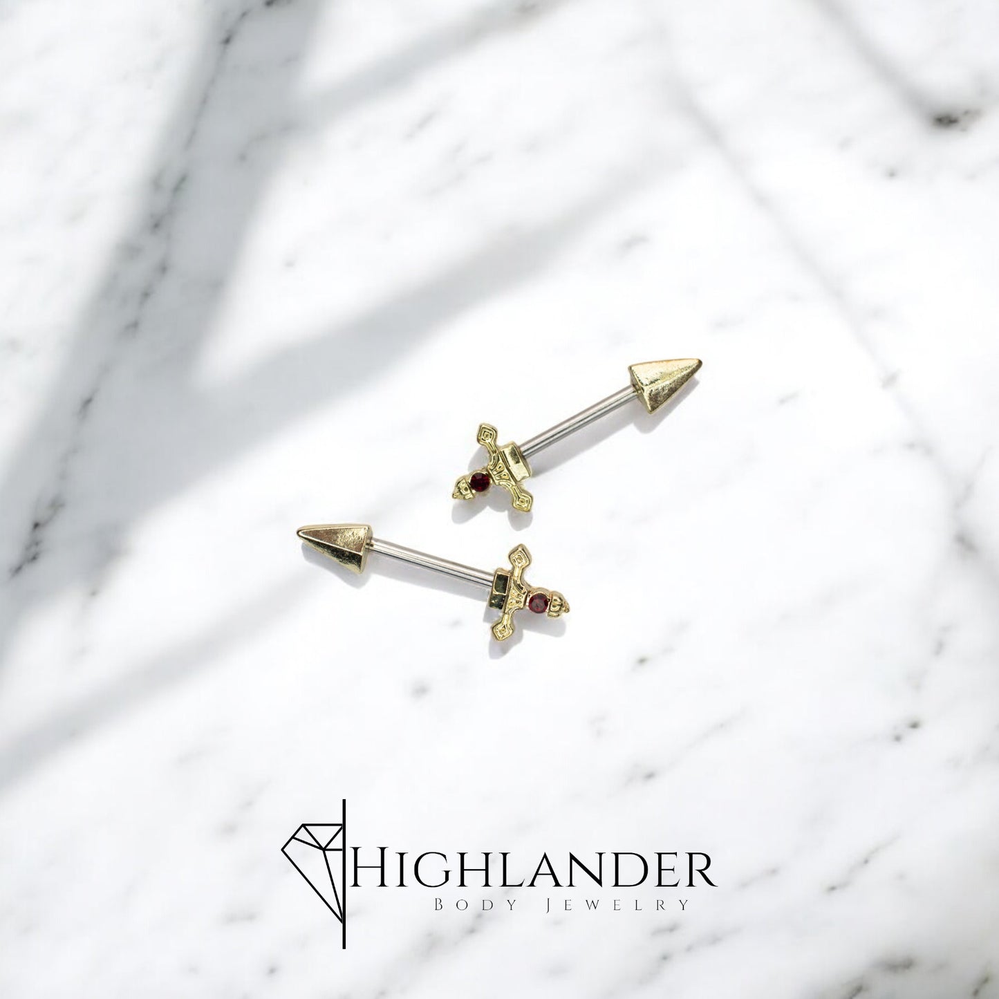 Gold Dagger Ends with Red CZ Nipple Barbells