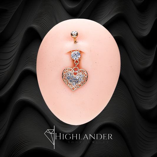 Rose Gold Filigree Heart with Clear CZ Paved Center Navel Piercing - Dangle