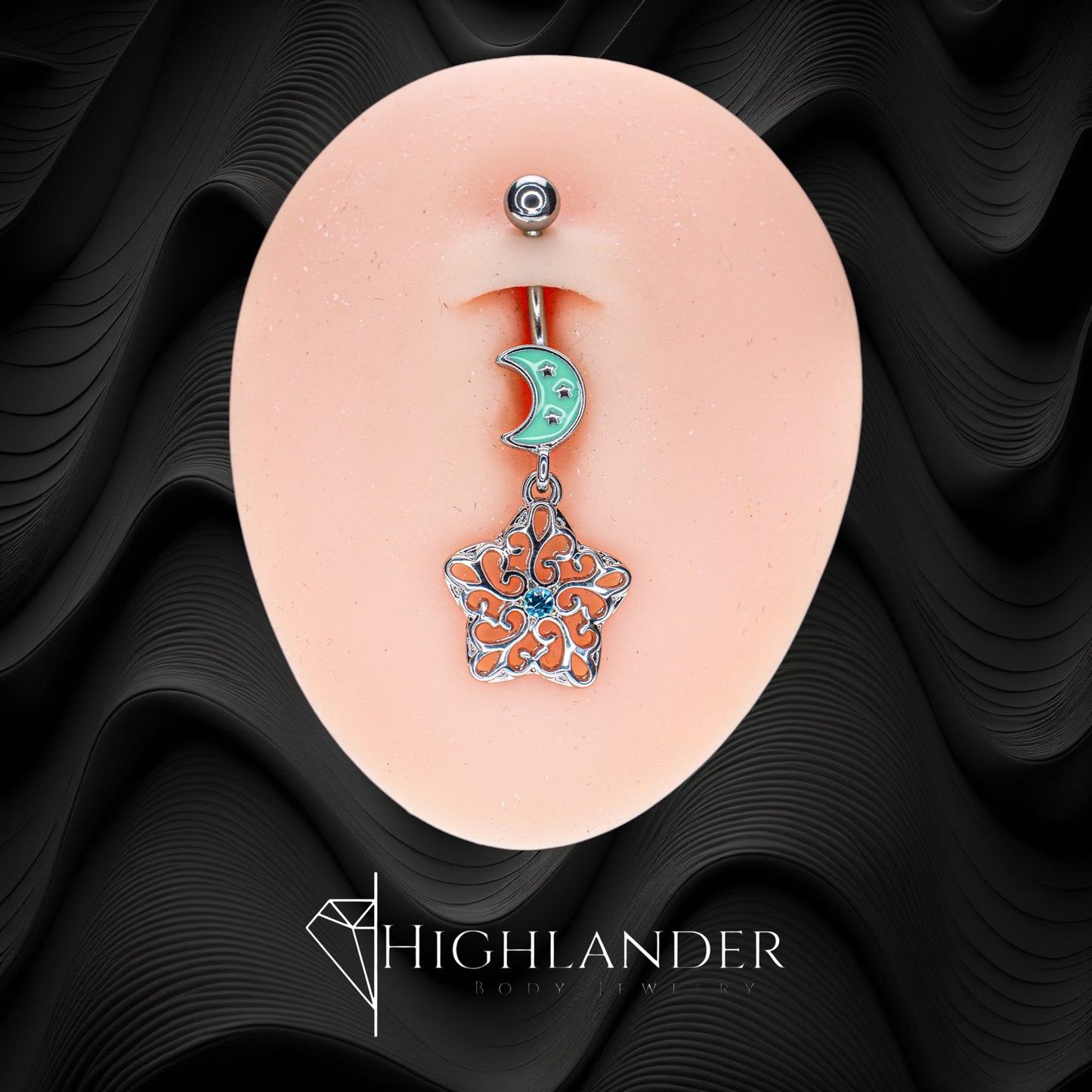 Clear Filigree Star with Aqua CZ and Enamel Crescent Moon Navel Piercing - Dangle