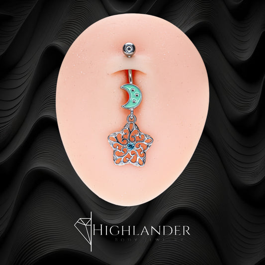 Clear Filigree Star with Aqua CZ and Enamel Crescent Moon Navel Piercing - Dangle