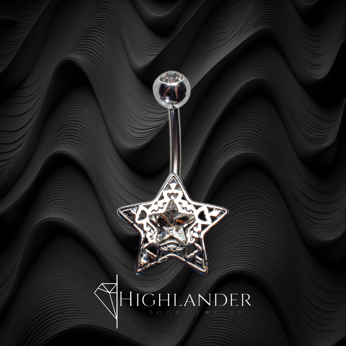 Filigree Star with Clear Star CZ Center Navel Piercing - Non Dangle