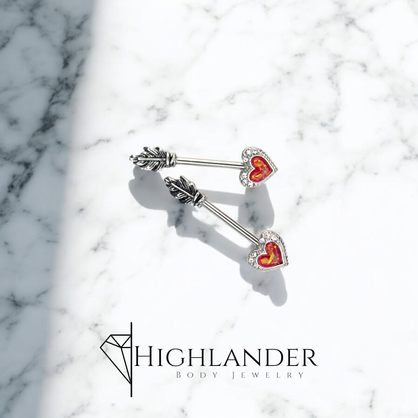 Red Opal Heart Arrow with Clear CZ Nipple Barbells