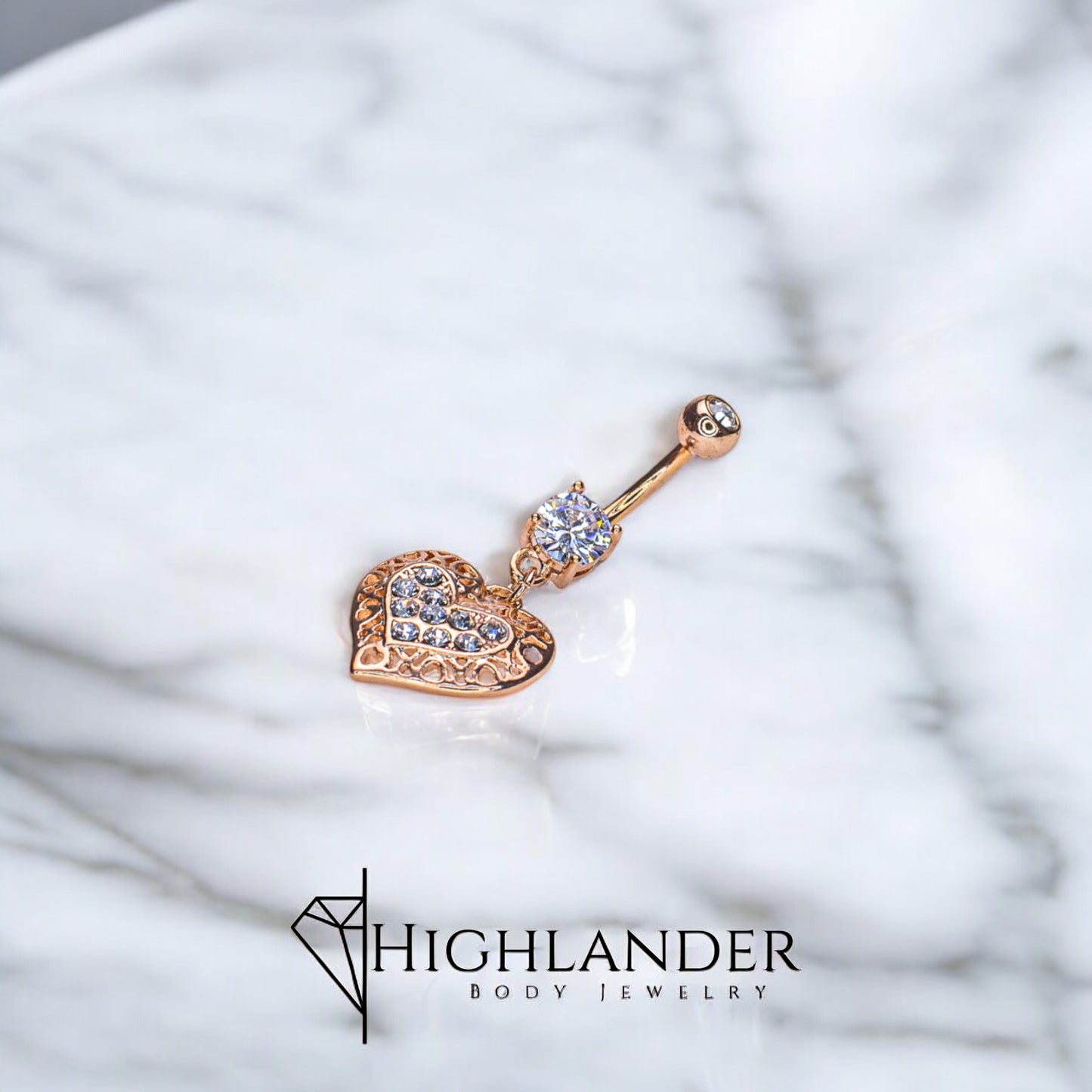 Rose Gold Filigree Heart with Clear CZ Paved Center Navel Piercing - Dangle