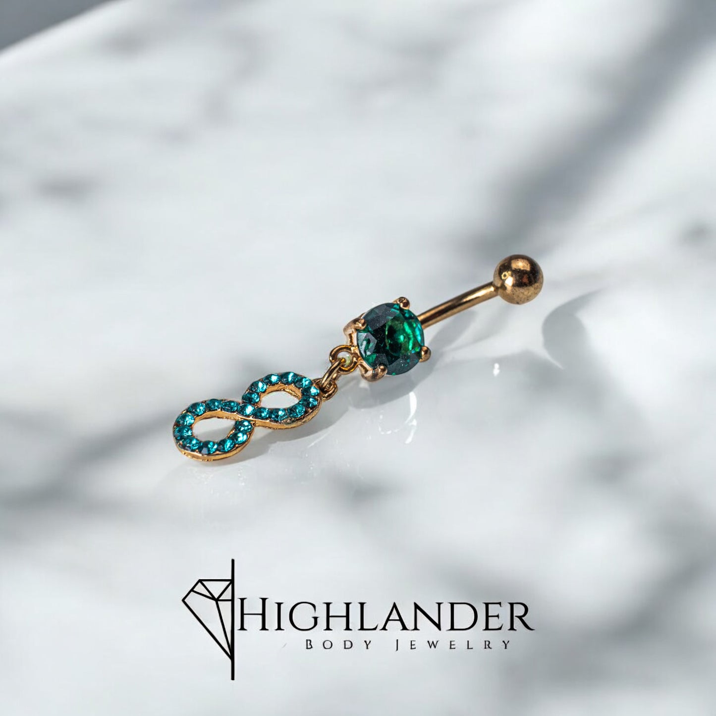 Gold Dark Aqua CZ Infinity Navel Piercing - Dangle