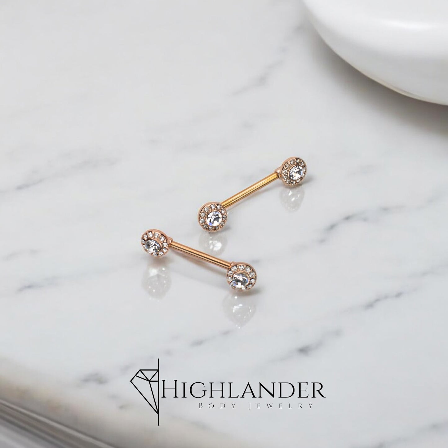 Rose Gold Clear Round CZ with CZ Halo Nipple Barbells