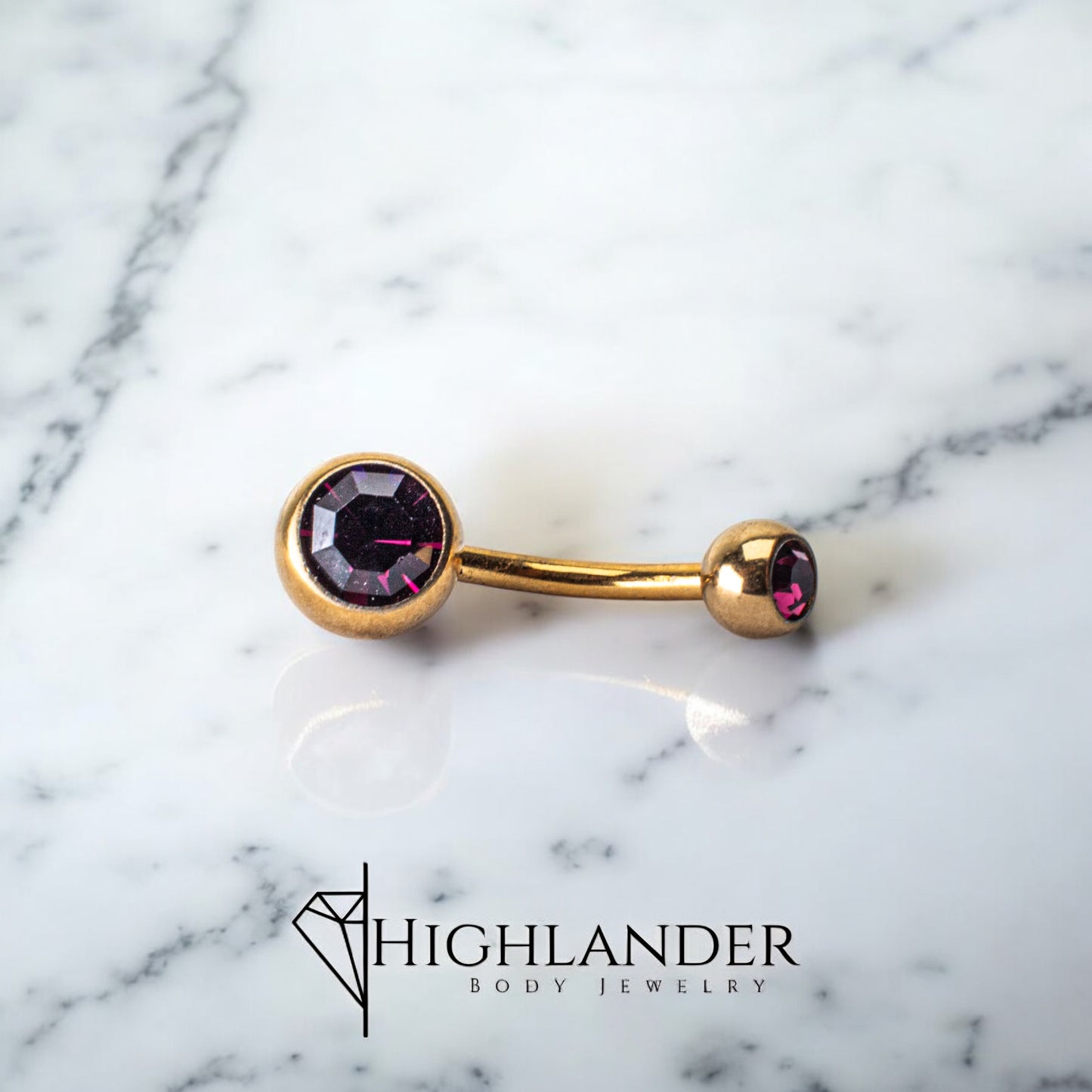 Gold over 316L Surgical Stainless Steel Dark Purple CZ Double Ball Navel Piercing - Non Dangle