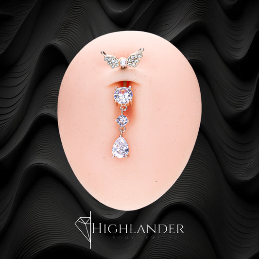 Rose Gold Clear CZ Paved Wing Top with Round and Teardrop CZ Navel Piercing - Dangle