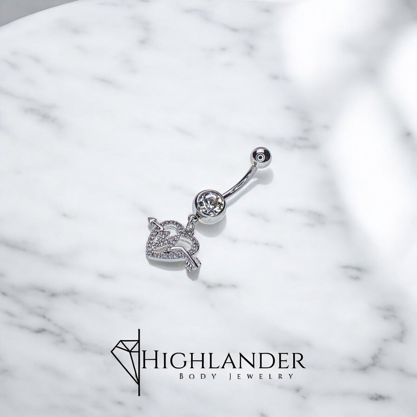 Clear CZ Paved Heart with Pulse Arrow Navel Piercing - Dangle