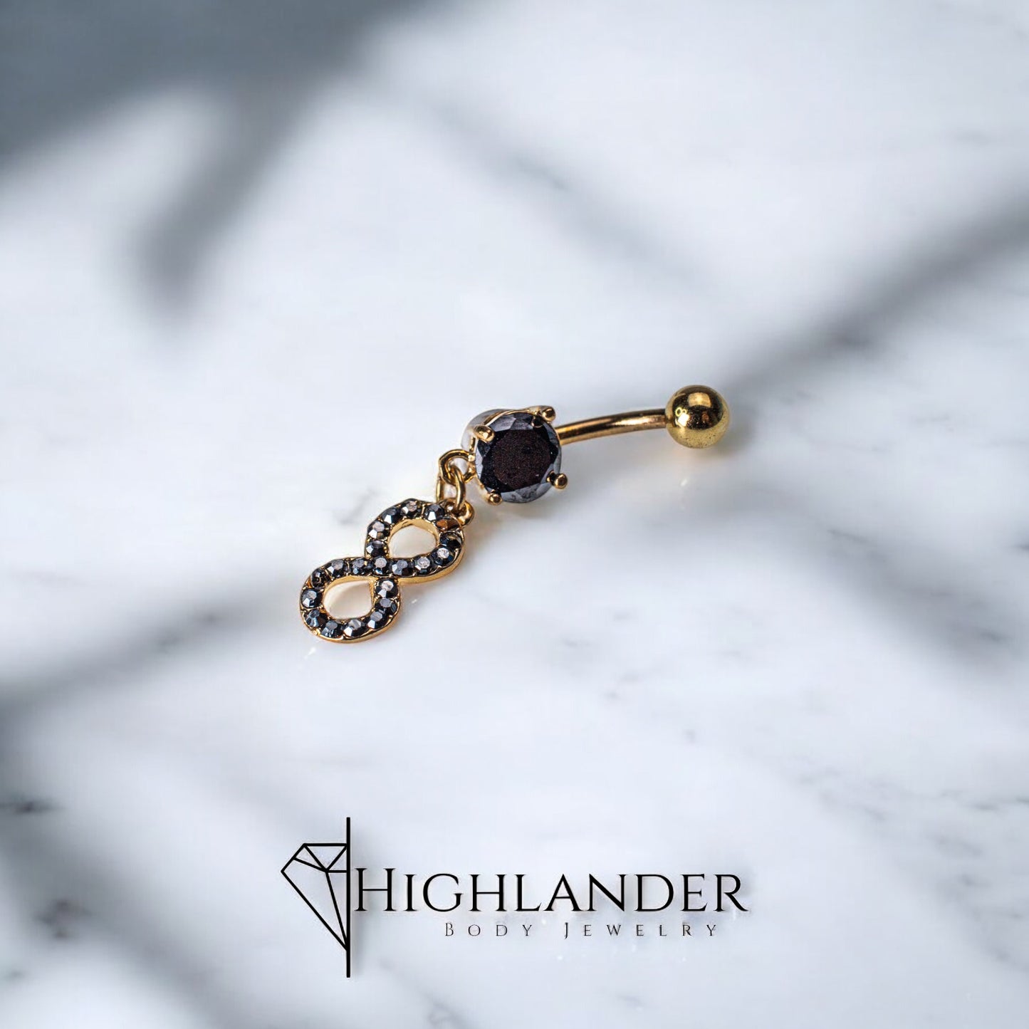 Gold Black CZ Infinity Navel Piercing- Dangle