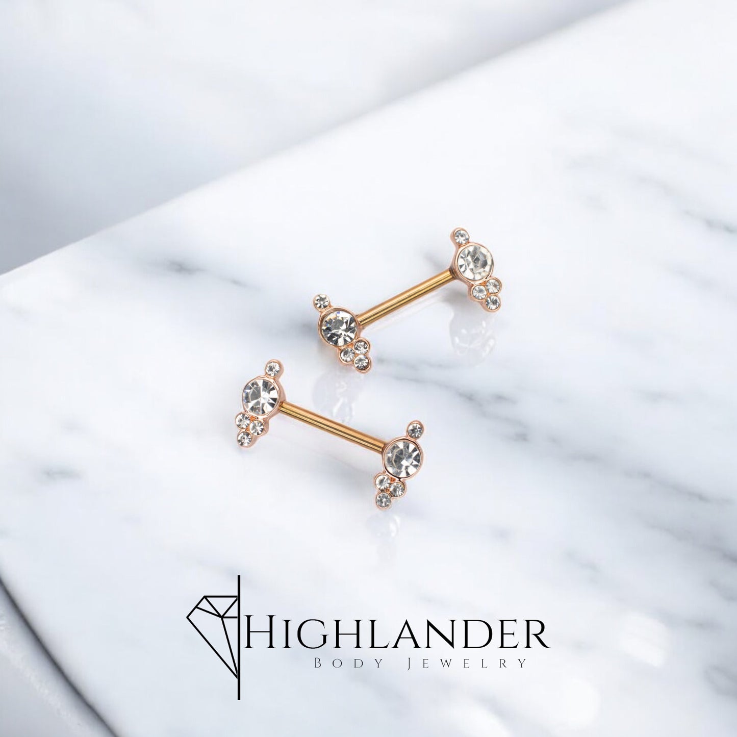 Rose Gold Clear CZ Cluster Nipple Barbells