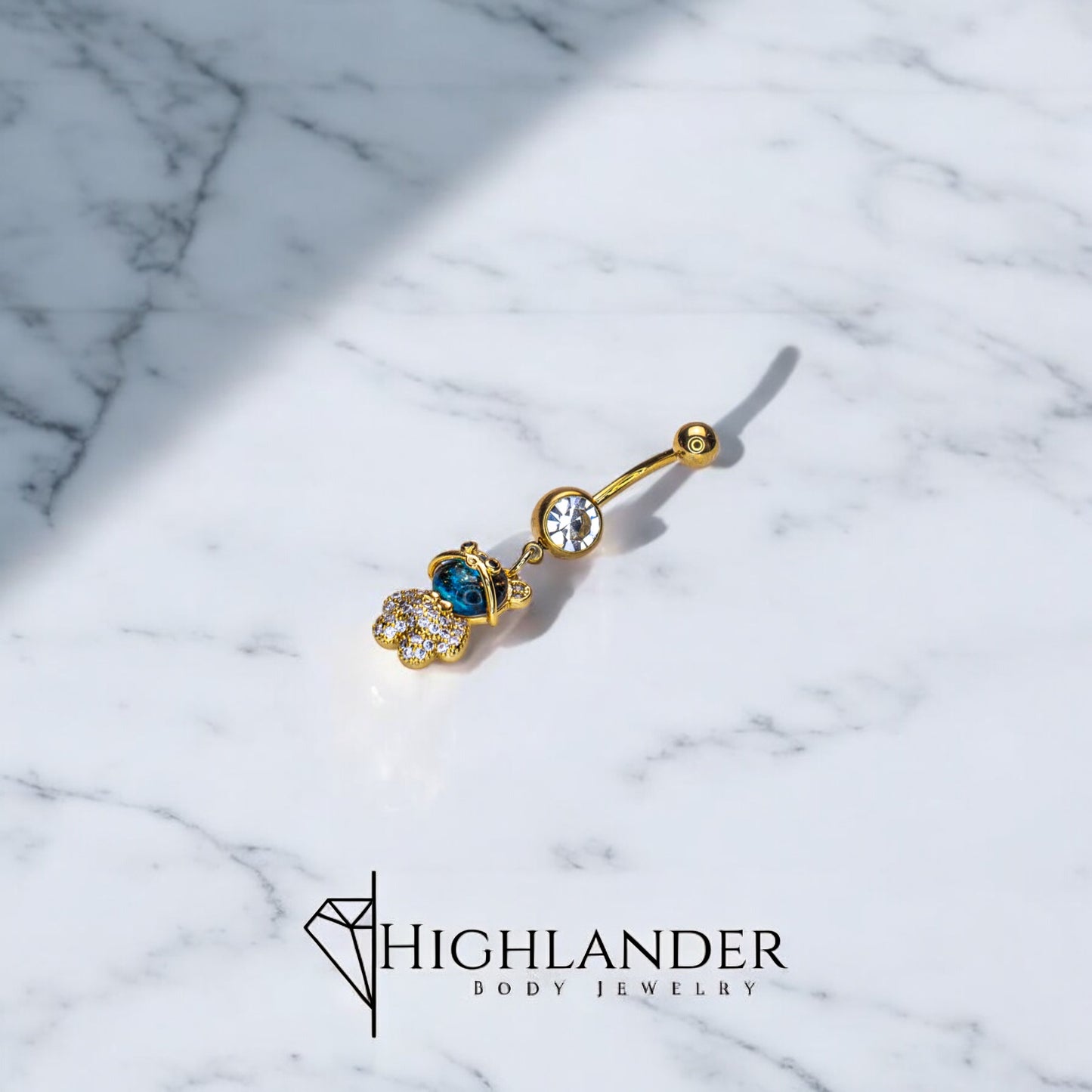 Gold Bear with Clear CZ Paved Body and Galaxy Blue Face Navel Piercing - Dangle