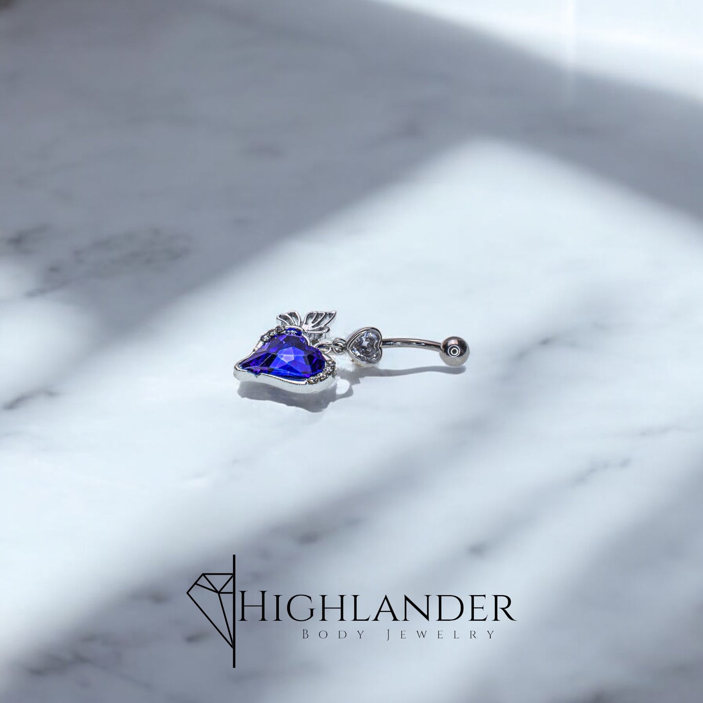 Sapphire Blue CZ Heart with Butterfly and Clear CZ Navel Piercing - Dangle