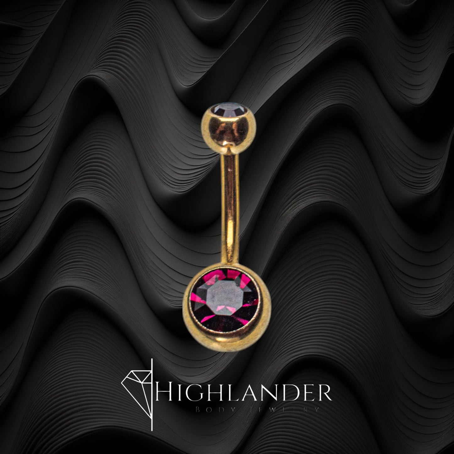 Gold over 316L Surgical Stainless Steel Dark Purple CZ Double Ball Navel Piercing - Non Dangle