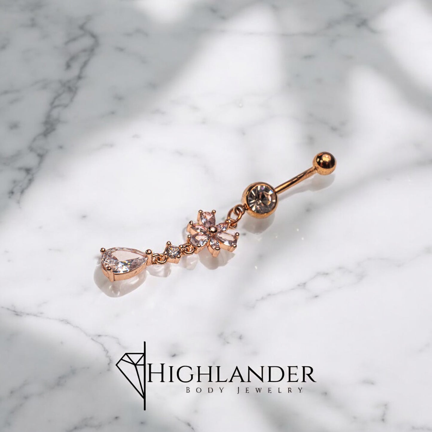 Rose Gold Clear CZ Cluster with Clear CZ Teardrop Navel Piercing - Dangle