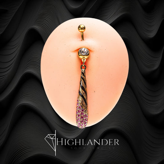 Gold with Black Stripes and Pink CZ Bottom Teardrop Navel Piercing - Dangle