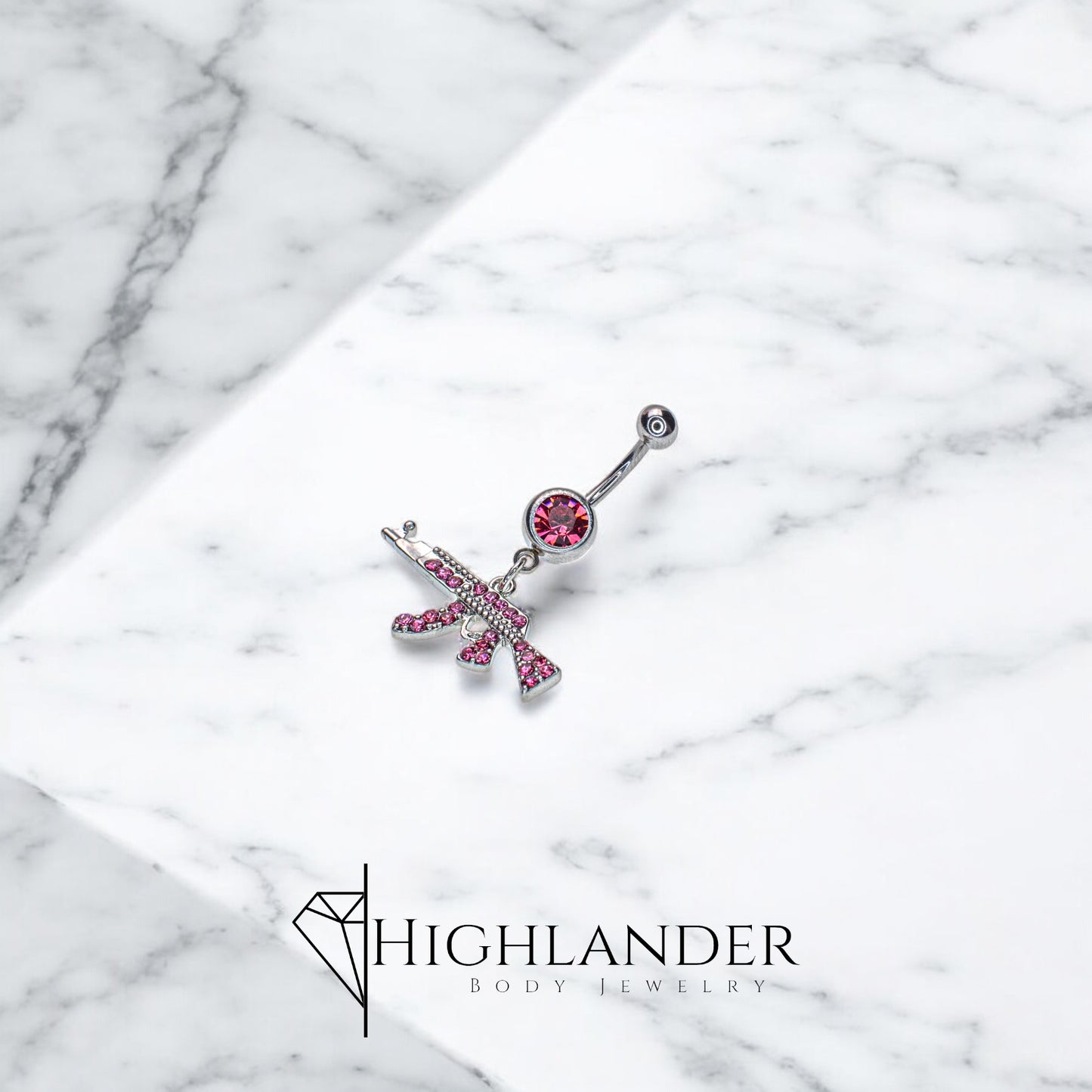 Pink CZ Paved Machine Gun Navel Piercing - Dangle