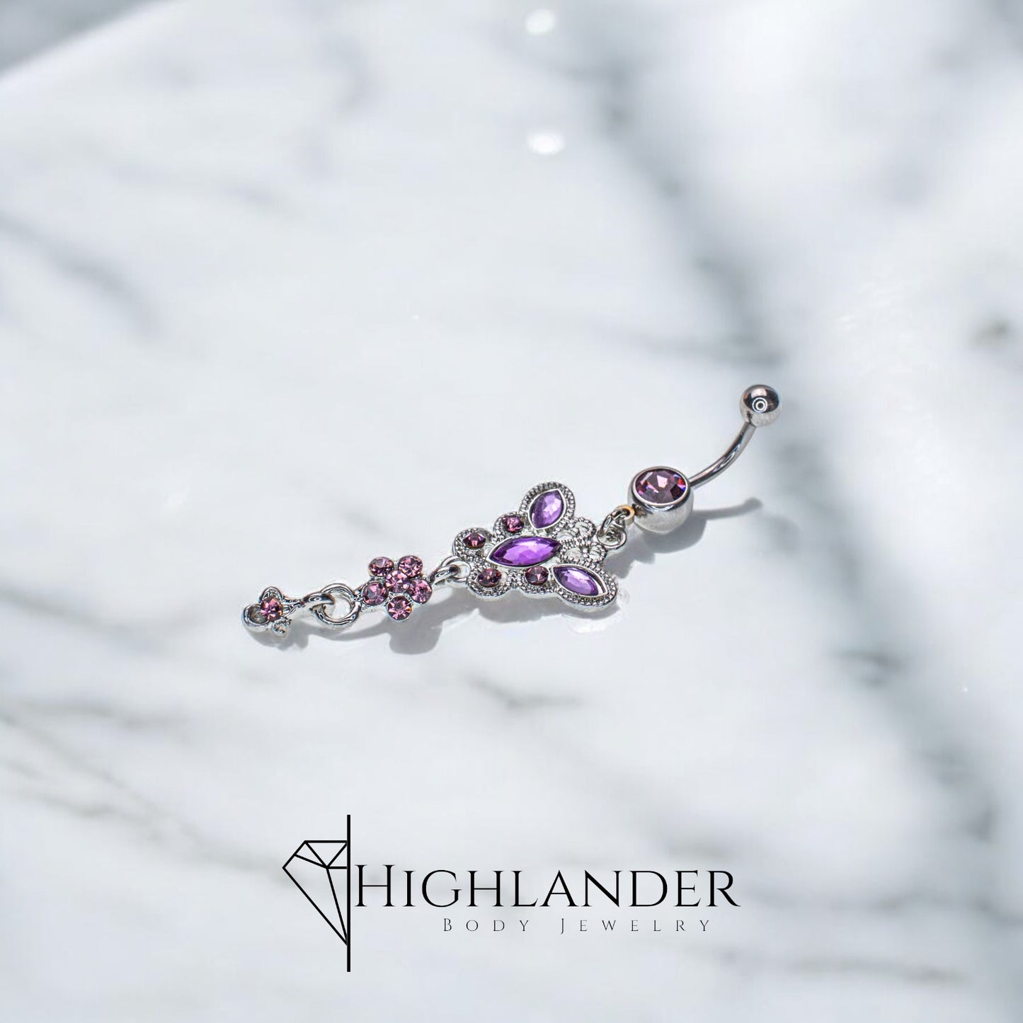 Butterfly with Purple CZ Navel Piercing - Dangle